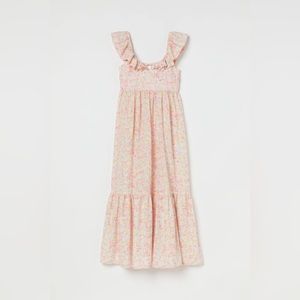 H&M White Pink Floral Flounced Open Back Ruffle Maxi Dress